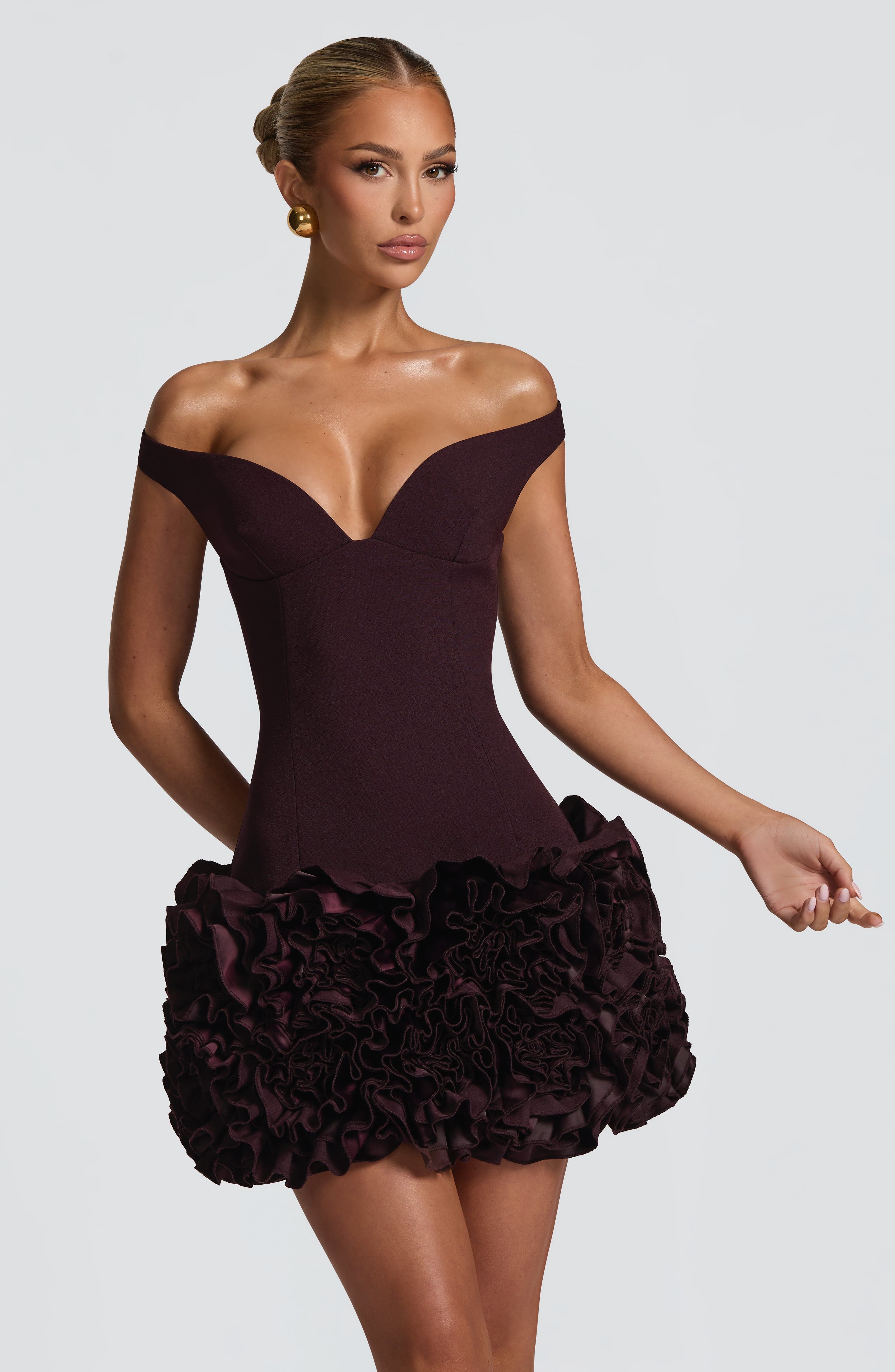 embellished ruffle mini dress in plum Aveta Mini Dress