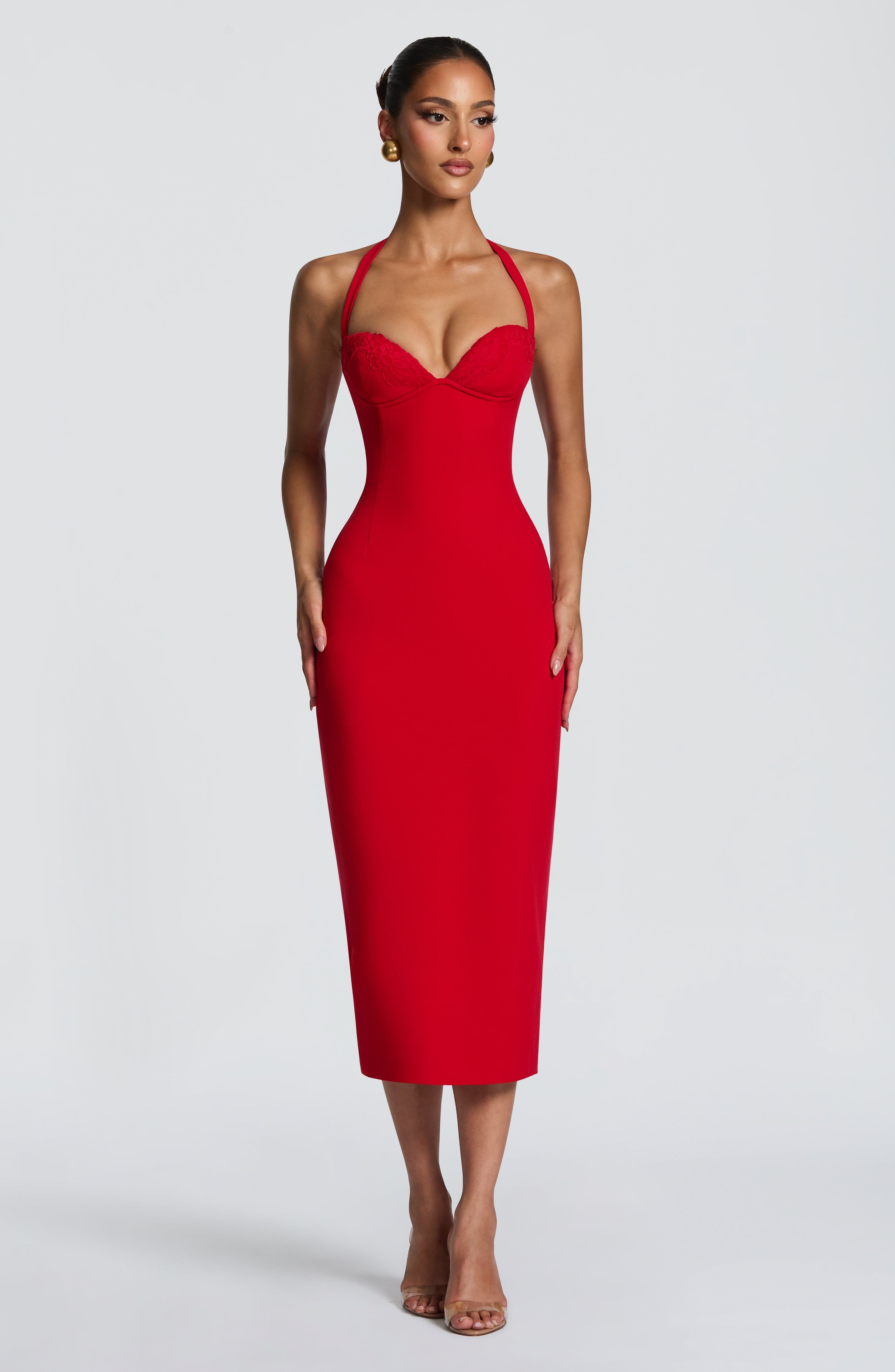 open lace back dress Damaris Textured Midi Dress Red | Wedding Guest Dress main image 1