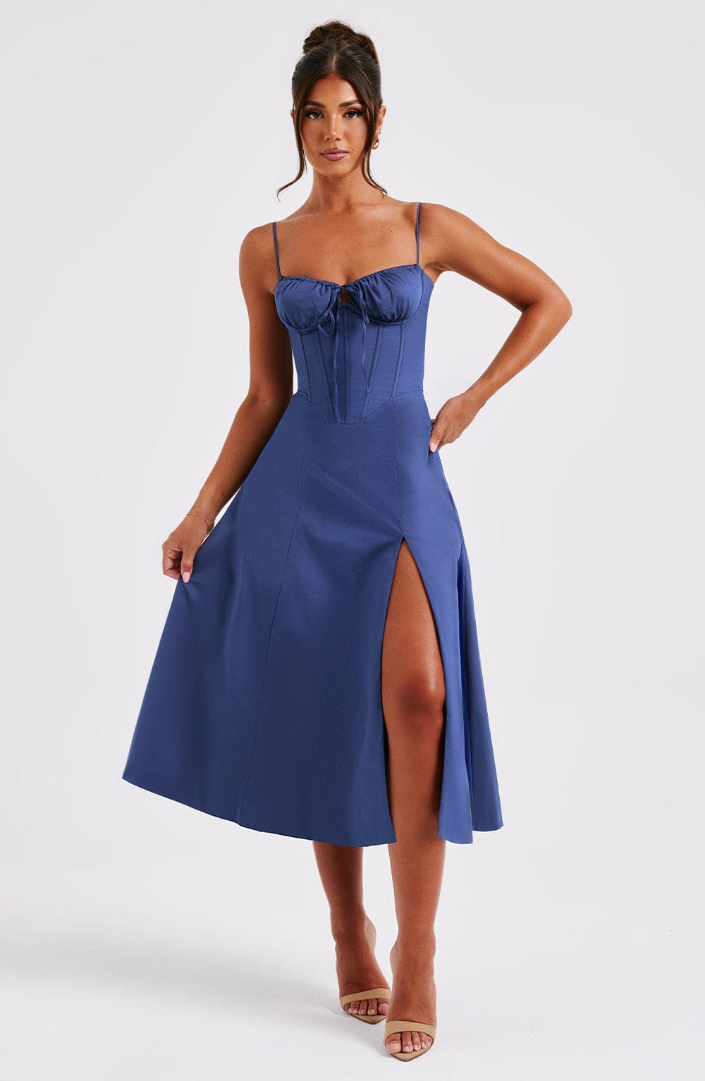 midi navy blue dresses Alie Street Waterfall Dress Petite (Navy)