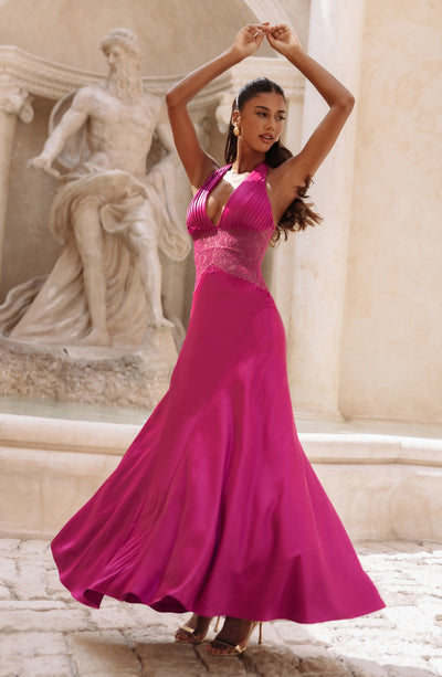 fuchsia maxi dress formal Fuchsia jersey dress with Convertible scarf