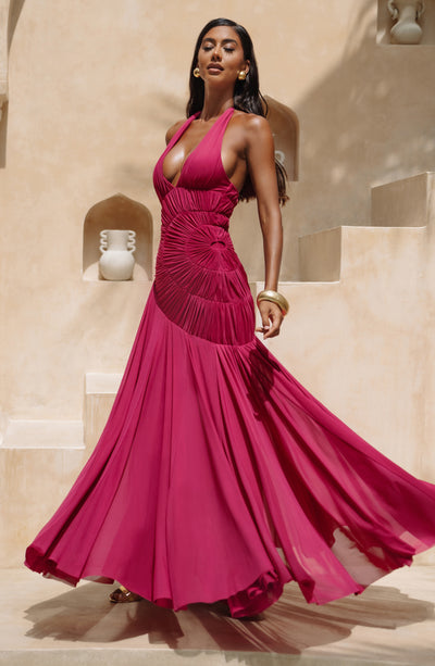raspberry pink dress Satin Long With Open Back And Rhinestone Embellishment The Elle Zeitoune Harper Mini Dress is created using thick stretchy and textured fabrication hugging you in all the right places Haze Intense Pink Mini Dress