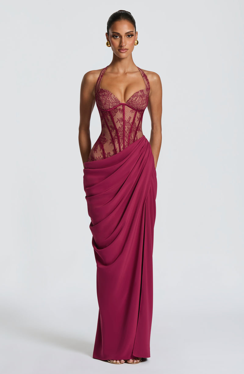 bonita lace maxi dress Bardot Bonita Lace Trim Maxi Dress in Dark Choco