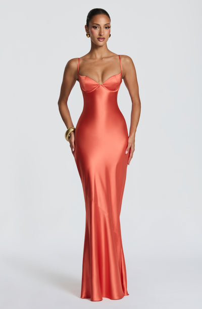 orange satin maxi dress Amorette Maxi Dress