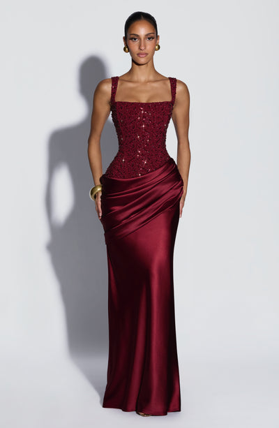 babyboo birthday dress Shop the Alexandria Maxi - Burgundy bridal party outfit US Size:8 Gold Sequins Mermaid Backless The column skirt flows