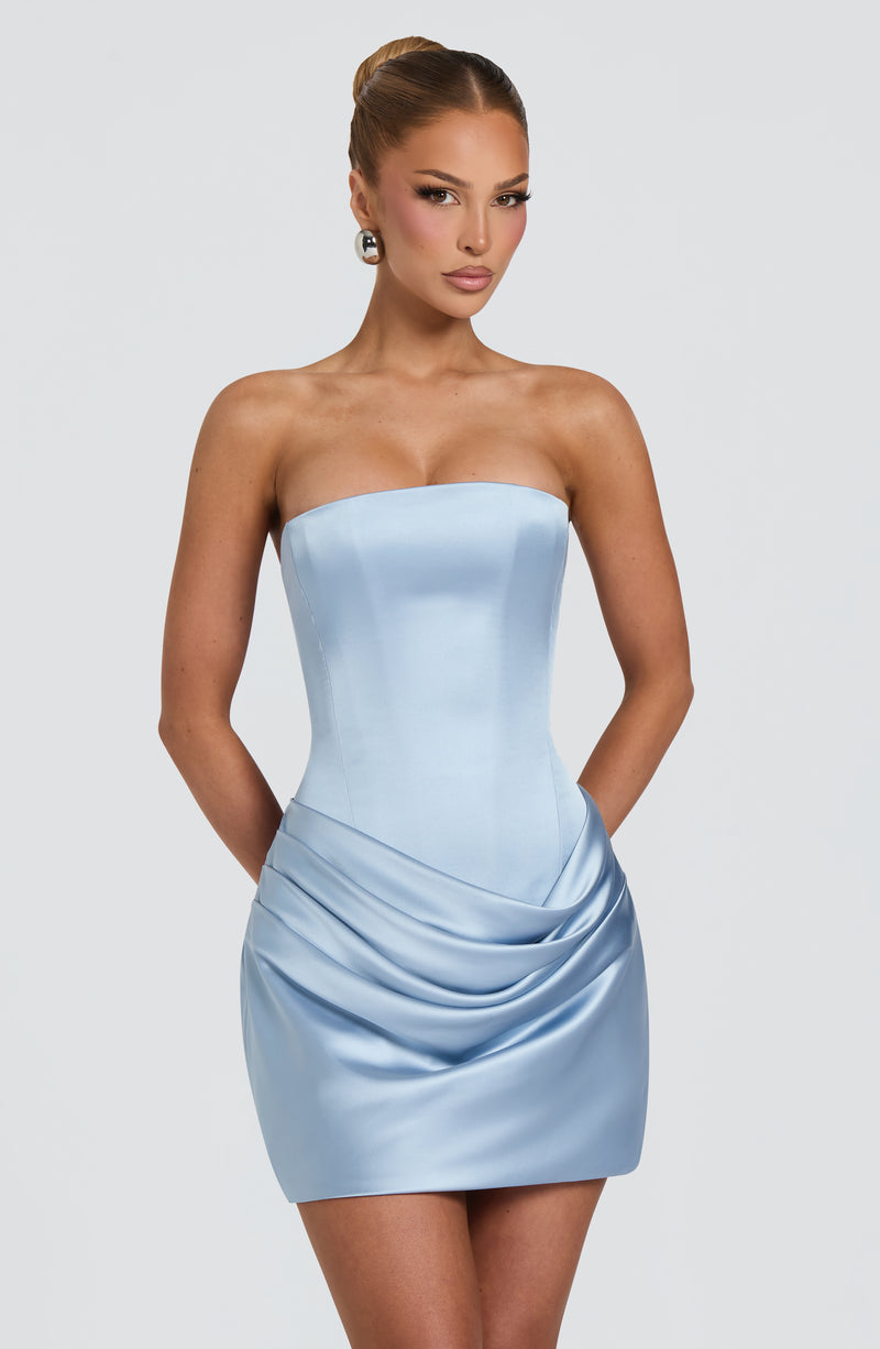 house of cb ella sky blue dress Shop the Mini - Glacier details:open-back Strapless Draped Gown | Color:rouge lifted and sculpted