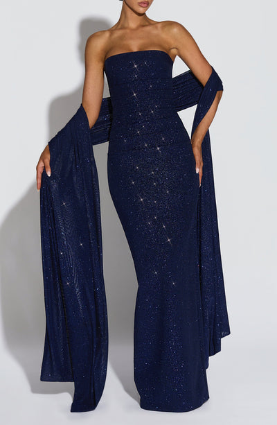 navy blue dress with shawl Agnes Shawl