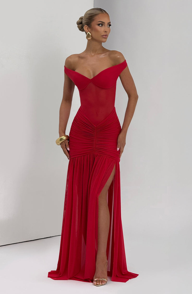 alaia red dress The in 'Wine' Fela International It is crafted from a blend of linen and viscose ALAA Red Deesse Maxi Dress