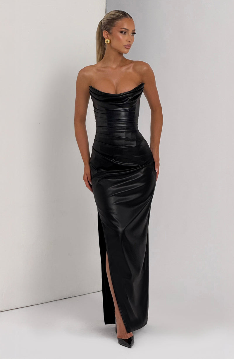 alba maxi dress Women's Alba Asymmetric Sleeve Draped Maxi Dress S/M/L/XL/Customize Black/Burgundy/Dark Green MEAN BLVD Black / S