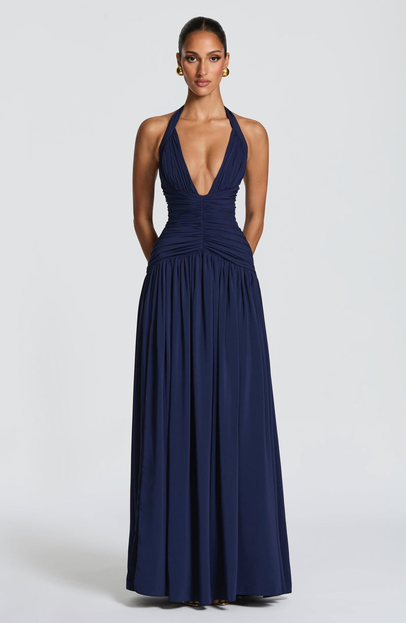 navy blue maxi dress summer One Shoulder Draped Maxi Dress Navy Blue