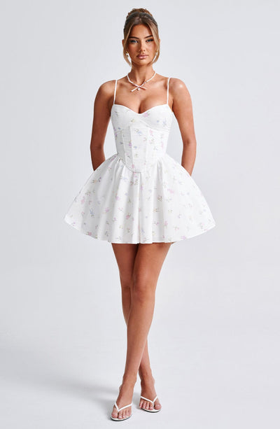 Analeigh Mini Dress - White Multi Floral Print Babyboo Fashion Analeigh Mini Dress - White Multi Floral Print Babyboo Fashion