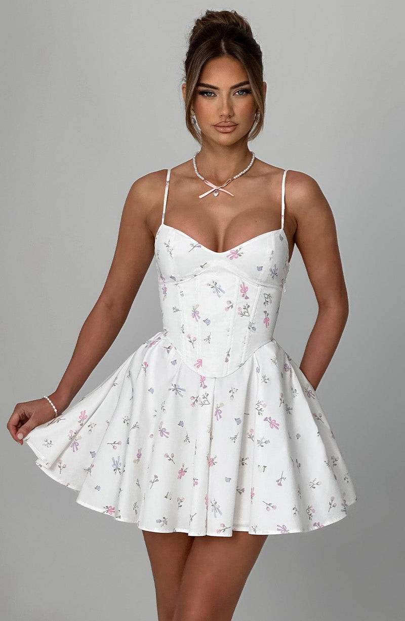 Analeigh Mini Dress - White Multi Floral Print Babyboo Fashion Analeigh Mini Dress - White Multi Floral Print Babyboo Fashion