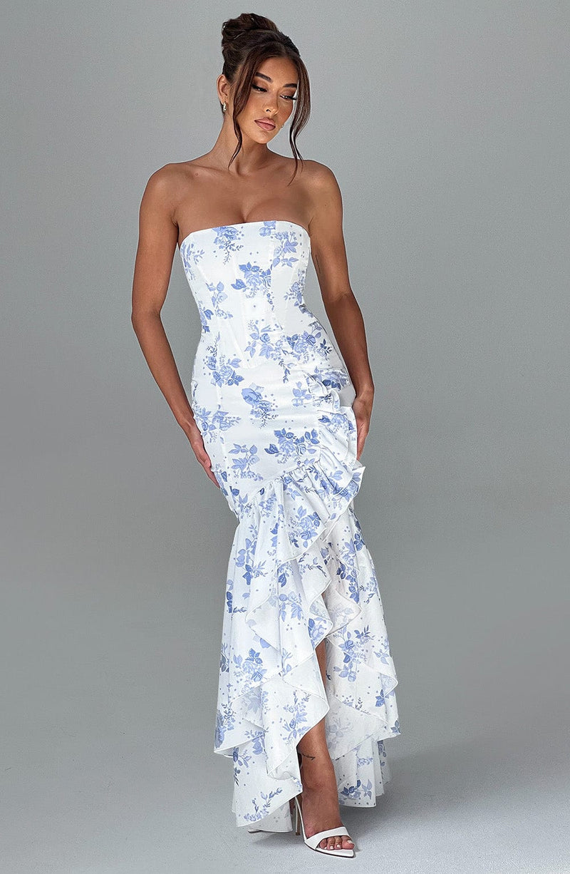 Angelina Maxi Dress - Blue Floral Print Dress Babyboo Fashion Premium Exclusive Design