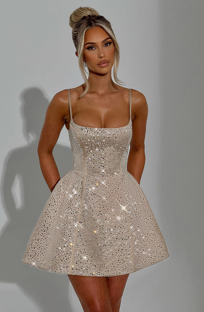 Angelique Mini Dress - Champagne Babyboo Fashion Angelique Mini Dress - Champagne Babyboo Fashion