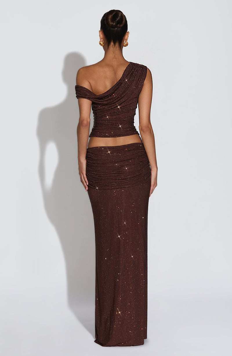 brown dress tops Long Sleeve Button Neck Top In Chocolate Brown Lace | EGO US