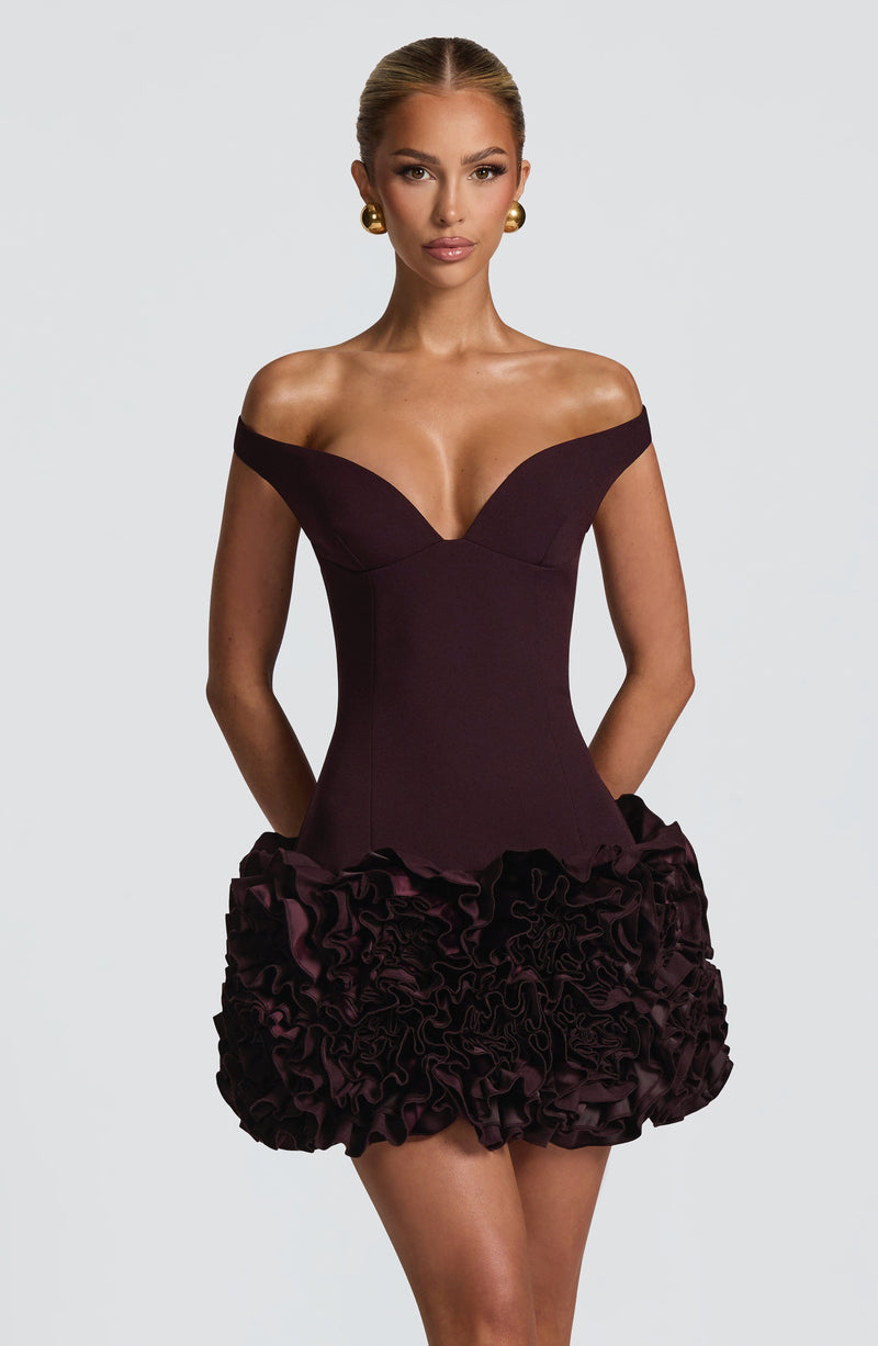 embellished ruffle mini dress in plum Purple Embellished High Neck Ruffle Mini Dress