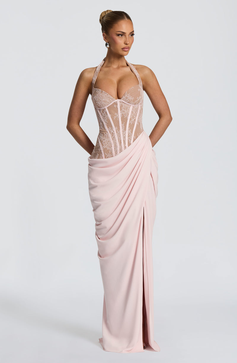 bonita lace maxi dress De La Vali Bonita Lace Halter Gown