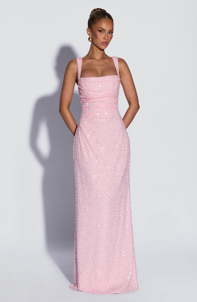 pink long glitter dress Hot Pink Sequin Mermaid Custom Crystal Halter Sleeveless Prom Dress main image 0