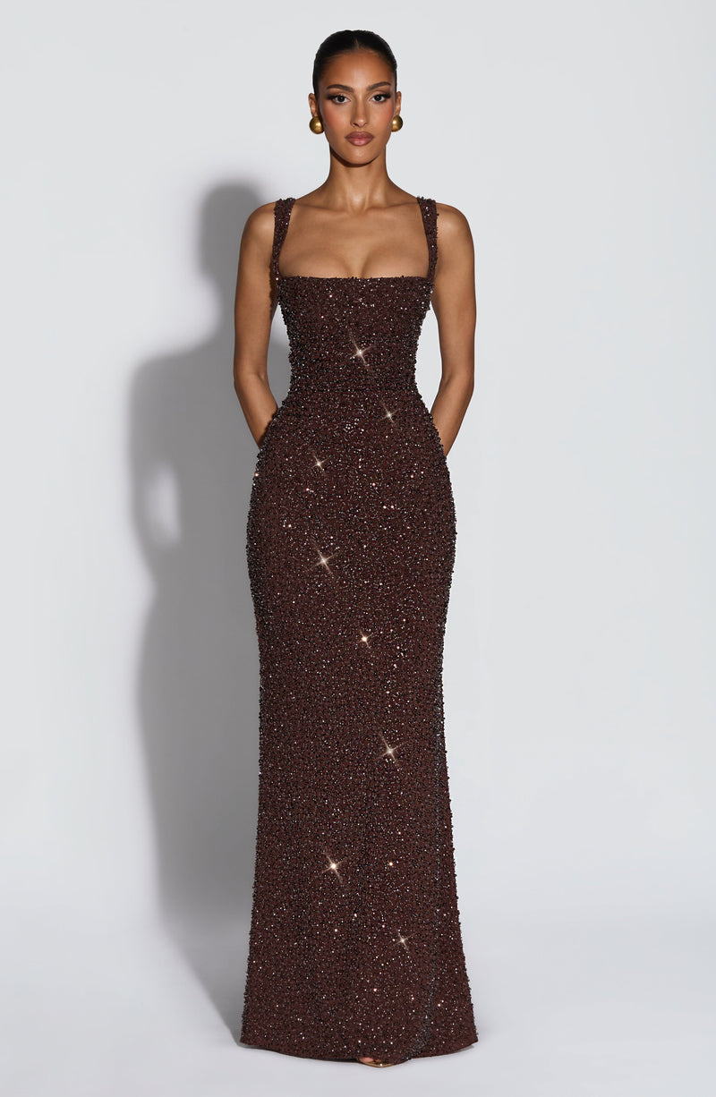 Buy Plum Brown Maxi Dress - Calanthe Maxi Dress by Babyboo Fashion Buy Plum Brown Maxi Dress - Calanthe Maxi Dress by Babyboo Fashion