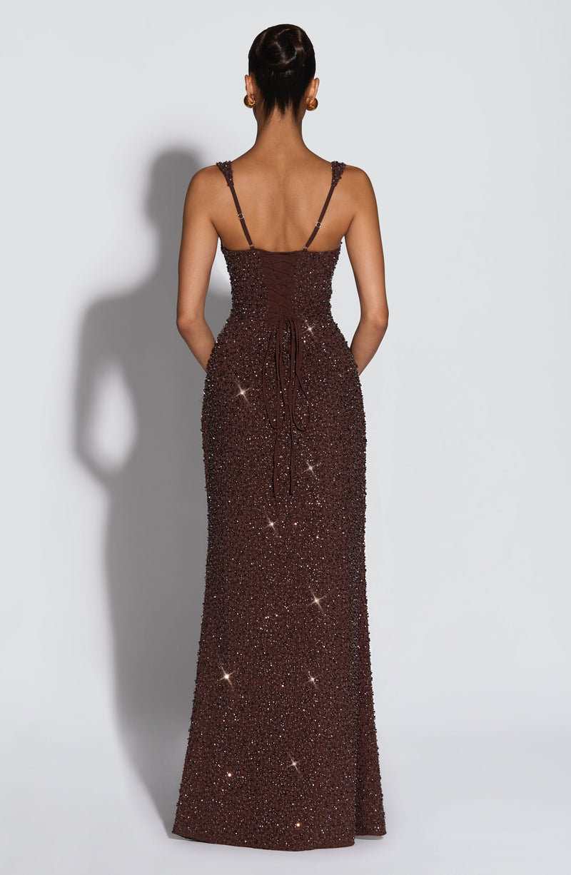 Buy Plum Brown Maxi Dress - Calanthe Maxi Dress by Babyboo Fashion Buy Plum Brown Maxi Dress - Calanthe Maxi Dress by Babyboo Fashion