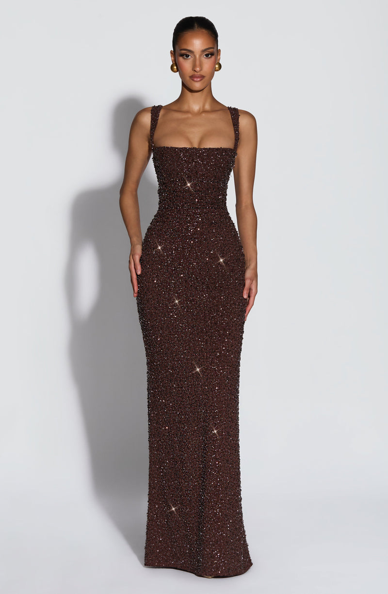 Calanthe Maxi Dress - Plum Brown Sparkle Dress XS Babyboo Fashion Premium Exclusive Design