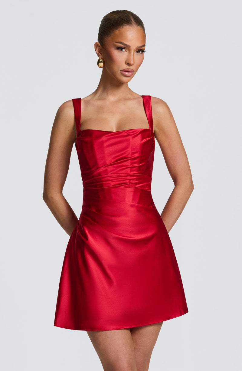 open lace back dress Red Rhinestone Velvet High Slit Fit & Flare Prom Dress main image 1