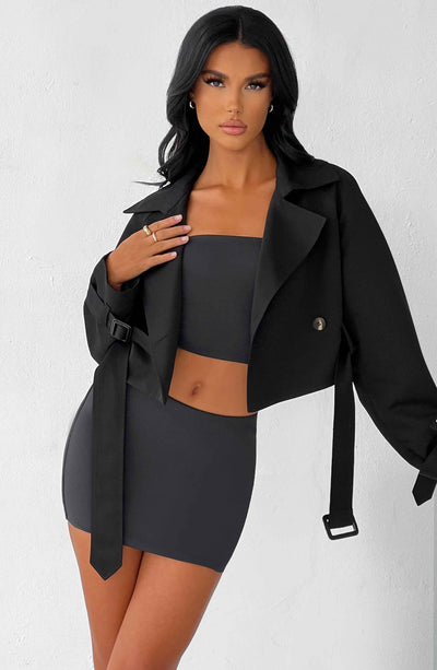 Caprice Cropped Trench Coat - Black Jackets Babyboo Fashion Premium Exclusive Design