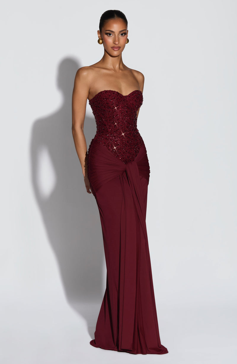 Buy Burgundy Maxi Dress - Carina Maxi Dress by Babyboo Fashion Buy Burgundy Maxi Dress - Carina Maxi Dress by Babyboo Fashion