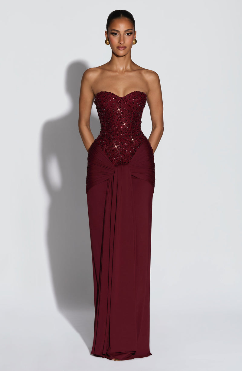 Buy Burgundy Maxi Dress - Carina Maxi Dress by Babyboo Fashion Buy Burgundy Maxi Dress - Carina Maxi Dress by Babyboo Fashion