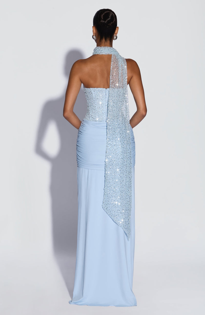 fitted lace wedding dress Rent Lexi Carina Blue One Shoulder Maxi Dress
