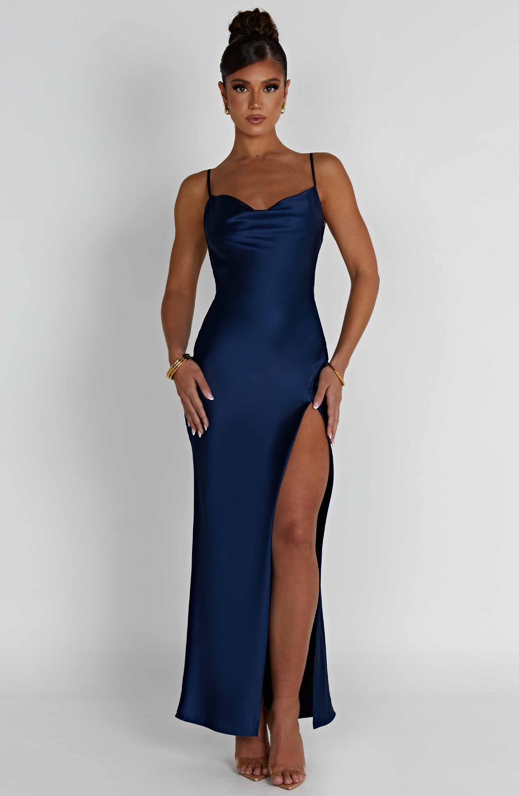 lucy in the sky celestina maxi dress Satin Ruffle V-Neck Maxi Dress in Navy
