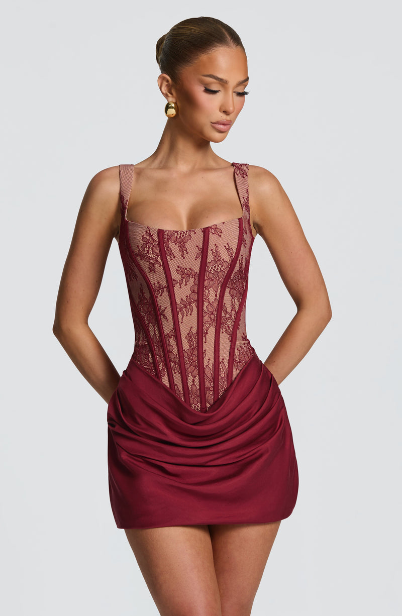 Shop Burgundy Lace Mini Dress - Cornelia Mini Dress by Babyboo Fashion