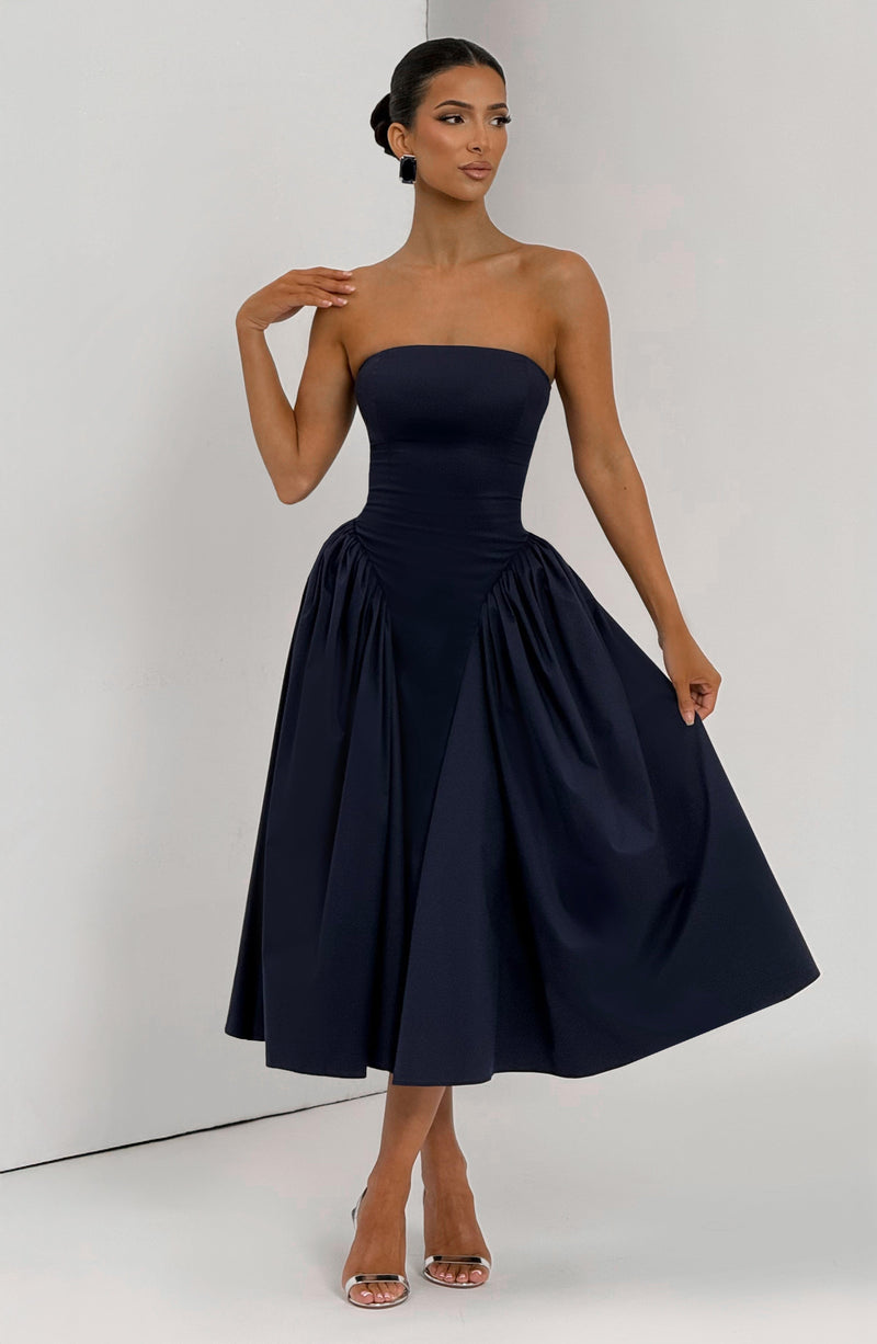 navy drop waist dawson midi dress Drop-Waist Sleeveless Midi Dress