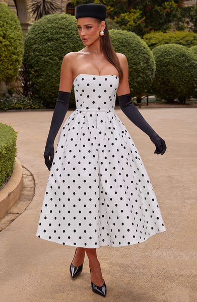 polkadot dress Babyboo Edith Midi in Black Polka Dot Print Size S Mens wear off Shoulder Black Puffy It will need some Size:4T Dress