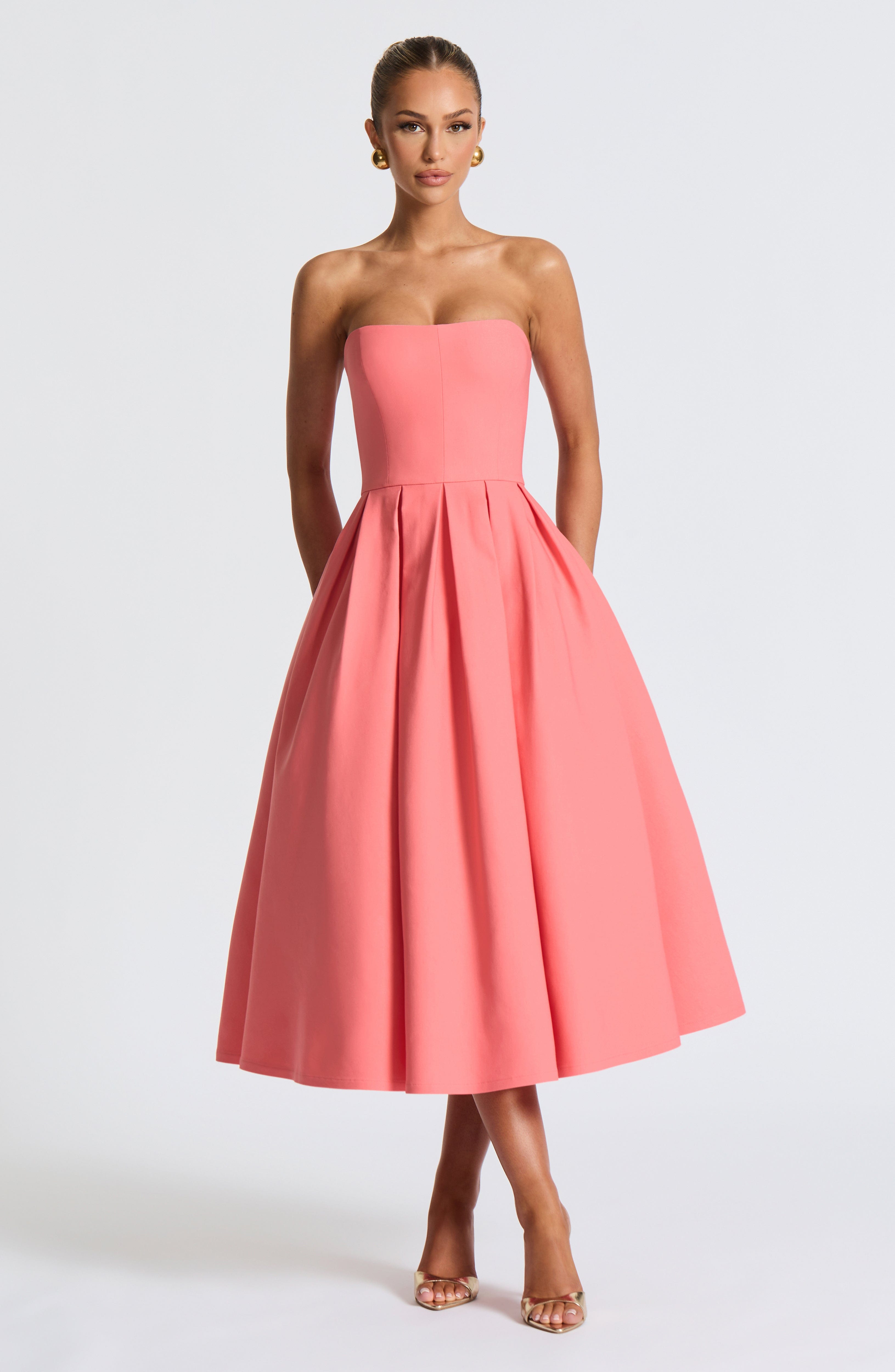 Coral Pink Round Neck Elbow Sleeves Midi Gathered Dress