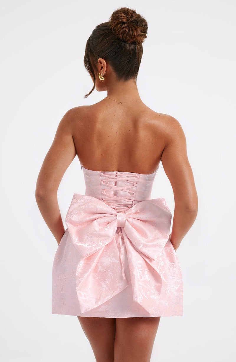 pink dress with bow in back Women's Prosperina Cecily Light Mini | Size: S The strapless neckline highlights the shoulders and collarbone Maria Pearl Bow Detail Mini