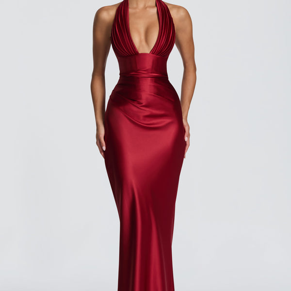 satin halter dress Satin Cross Strap Halter Gown - Navy
