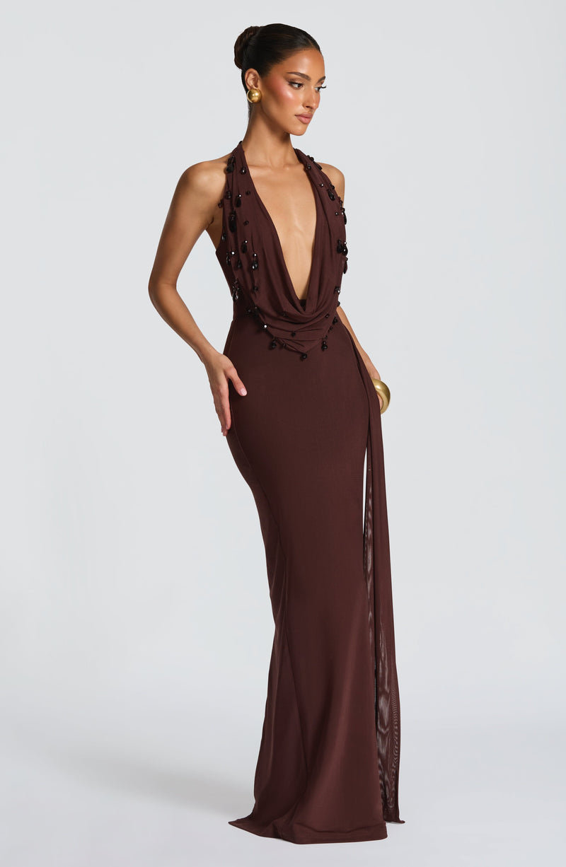 Buy Plum Brown Maxi Dress - Fabia Maxi Dress by Babyboo Fashion Buy Plum Brown Maxi Dress - Fabia Maxi Dress by Babyboo Fashion