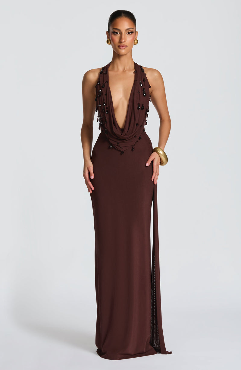 Buy Plum Brown Maxi Dress - Fabia Maxi Dress by Babyboo Fashion Buy Plum Brown Maxi Dress - Fabia Maxi Dress by Babyboo Fashion