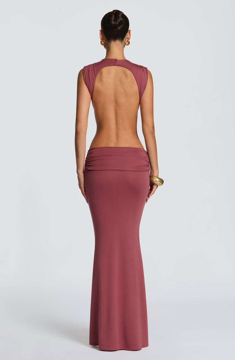 fitted lace wedding dress Regine Modal Ruched Backless Maxi Dress in Chocolate Brown main image 0