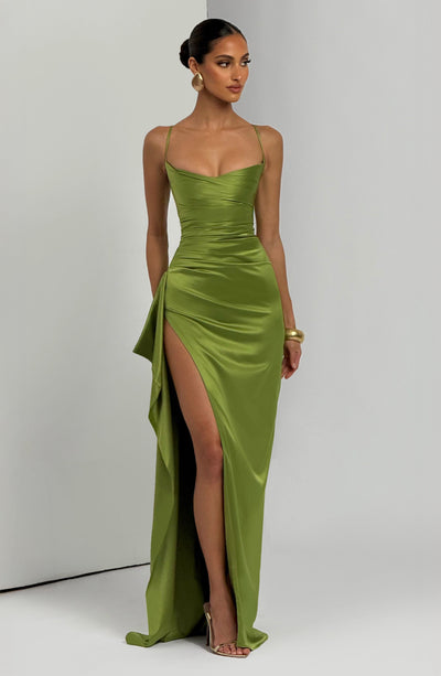 olive green dress with slit BABARONI Sheath/Column One Shoulder Satin Prom Dress Olive Green Plus Size, Olive Green / US18