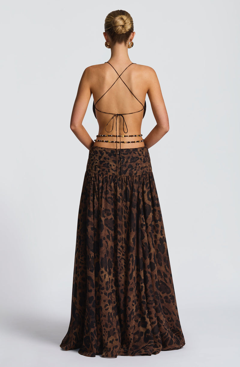 animal print maxi dress india 3014L Maxi Dress-Brown Animal Print India Batik