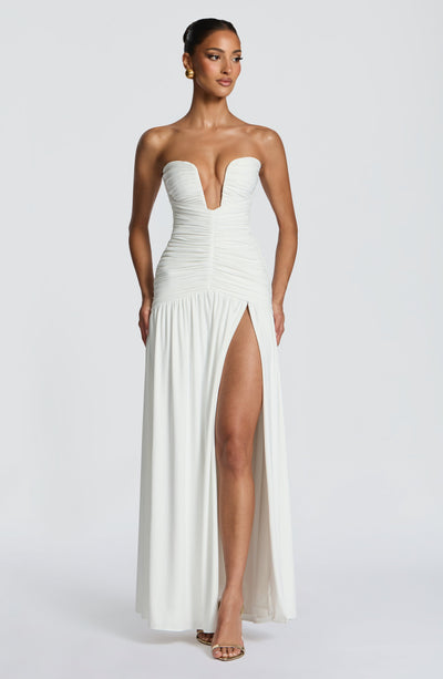 white maxi birthday dress Modal Plunge Neck Long Sleeve Maxi Dress in White - XXL