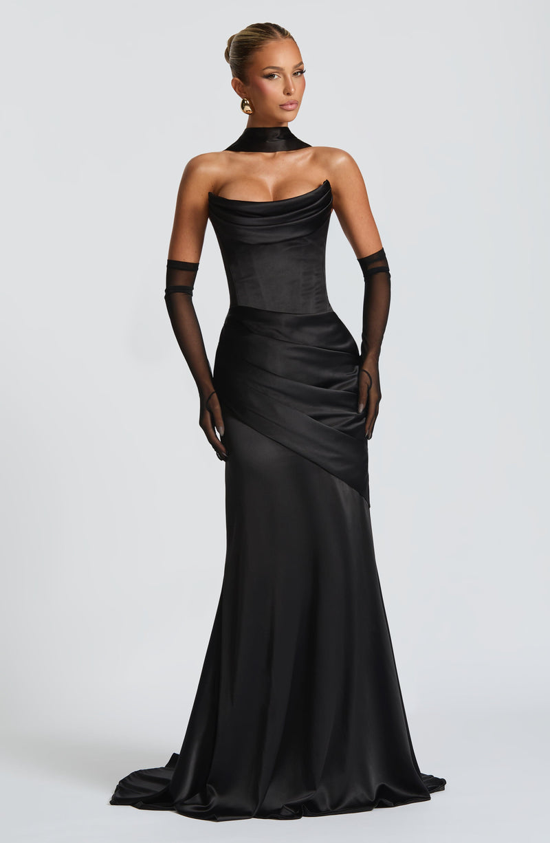 black designer maxi dress Maureen Black ribbon-design satin maxi dress, L / Black