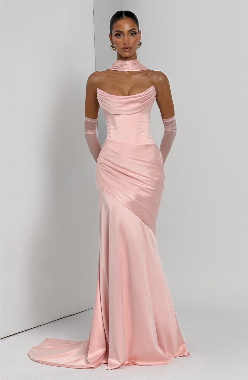 blush pink designer dress Dusty Pink Designer Sequin Gown with Cape Sleeves - Sparkly Maxi Dress with V-Neckline