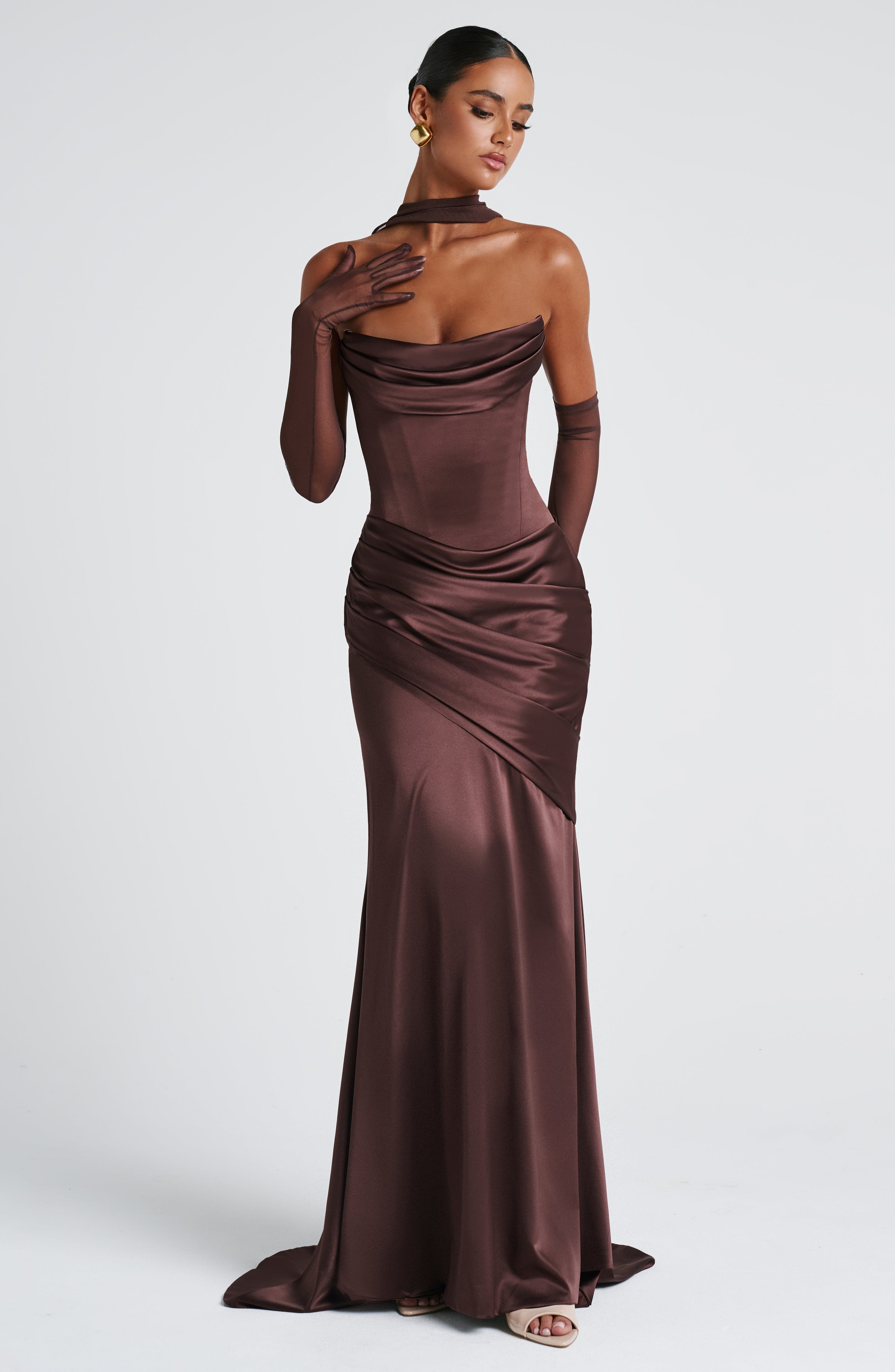 Kensington Maxi Dress Plum Brown | Strapless Gown | Babyboo Fashion
