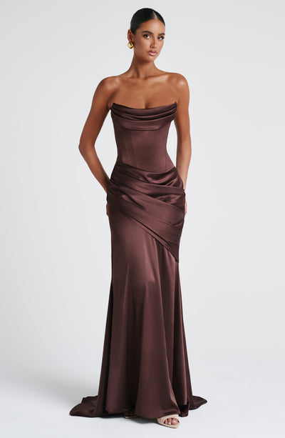 kensington maxi dress plum brown Babyboo Kensington Plum Brown Strapless Maxi Dress Size M NWT