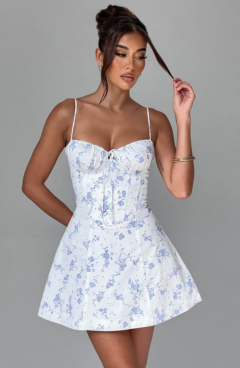 Lacey Mini Dress - Blue Ditsy Print Babyboo Fashion Lacey Mini Dress - Blue Ditsy Print Babyboo Fashion