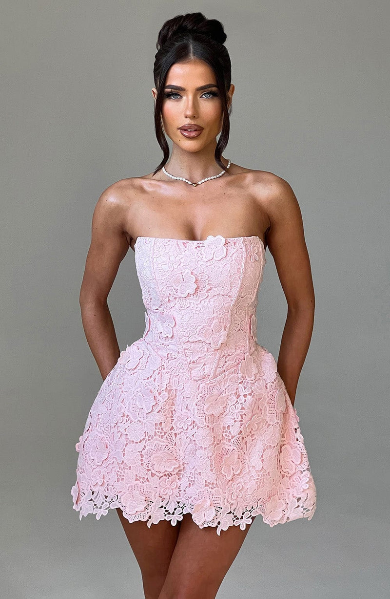 blush lace mini dress The Kylie Dress in Begonia Pink Lace 8 / Begonia Pink Lace