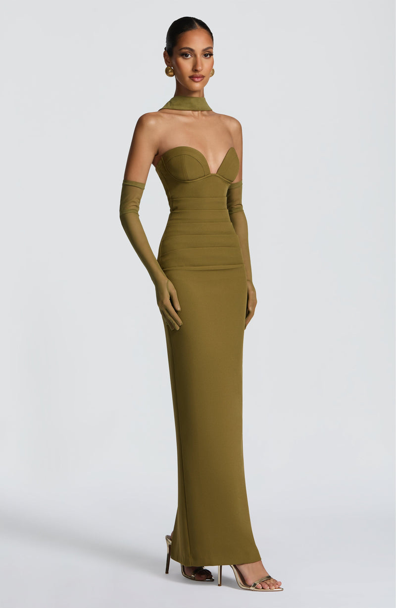 strapless open back dress Lindsey Deep Olive Maxi Dress, XS