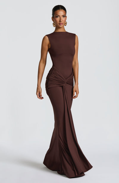 Shop the Lorenza Maxi Dress - Plum Brown | Babyboo Fashion